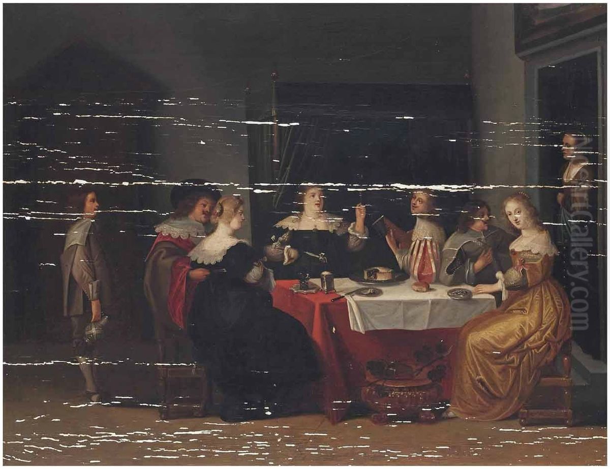 Elegant company drinking and merry-making in an interior Oil Painting by Christoffel Jacobsz van der Laemen