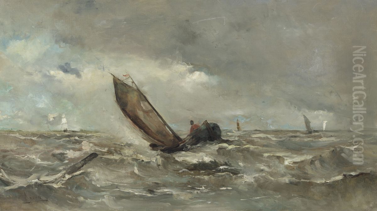 Boot in de storm Oil Painting by Louis Artan