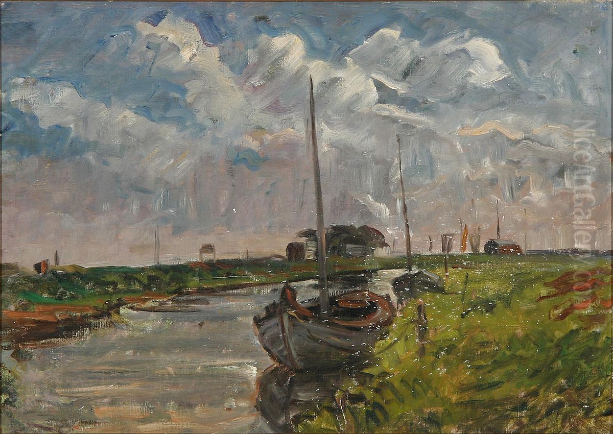 A canal with a boat. Oil Painting by Albert Gottschalk