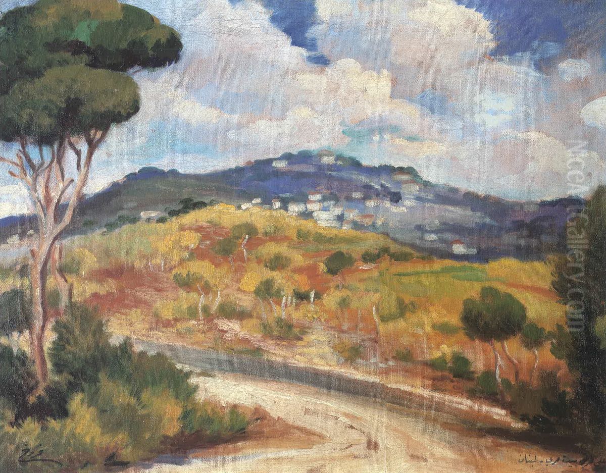 Route Menant A Beit Mery. Oil Painting by Moustafa Farroukh