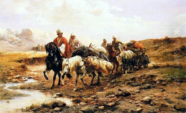Cossack camp Oil Painting by Michal Gorstkin-Wywiorski