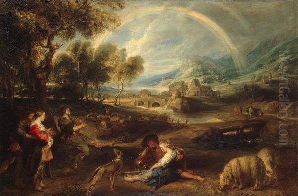 Landscape with a Rainbow Oil Painting by (studio of) Rubens, Peter Paul
