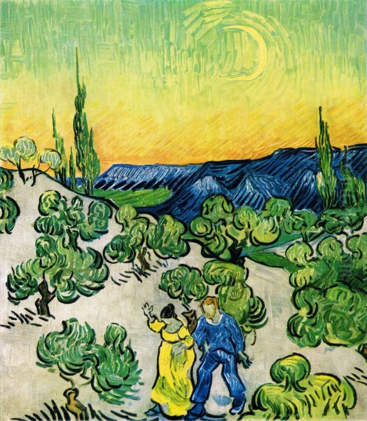 Paysage avec un couple de marche et croissant de lune Oil Painting by Vincent Van Gogh