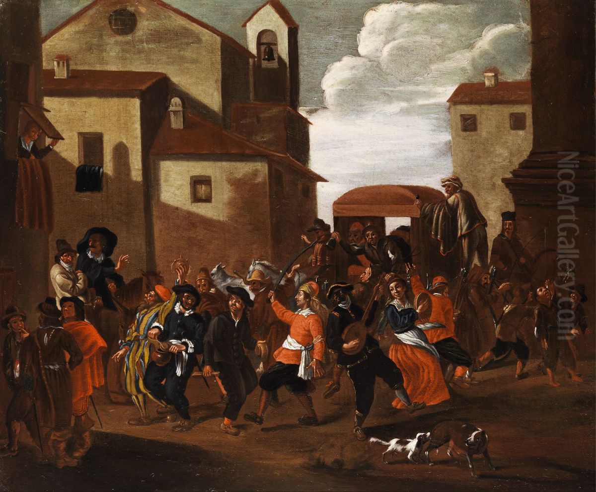 Karnevalstreiben zwischen Italienischen Hausern und einer Kirche Oil Painting by Jan Miel