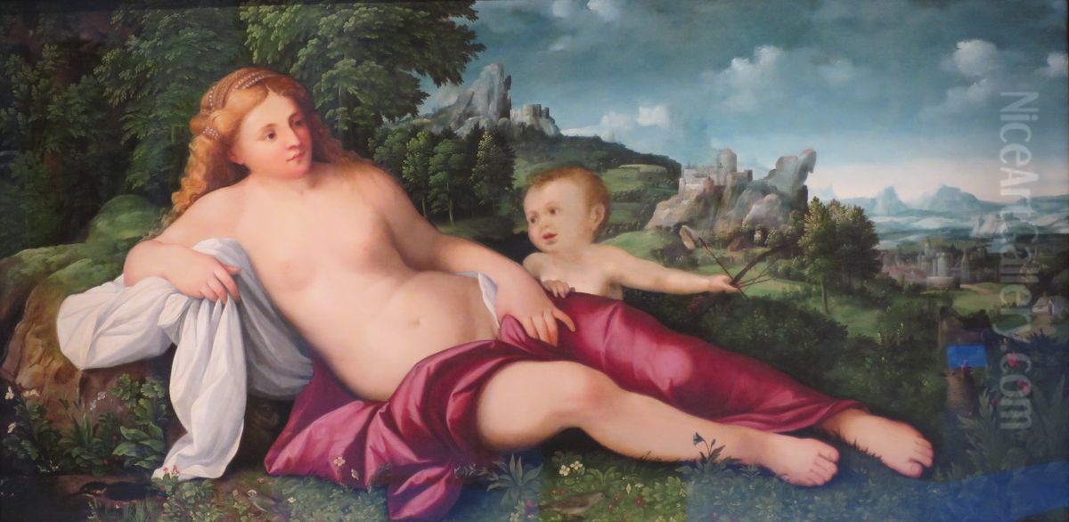 Venus and Cupid in a Landscape Oil Painting by Palma Vecchio