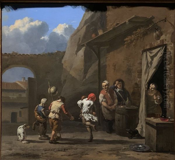Dancers in front of a tavern Oil Painting by Karel Dujardin