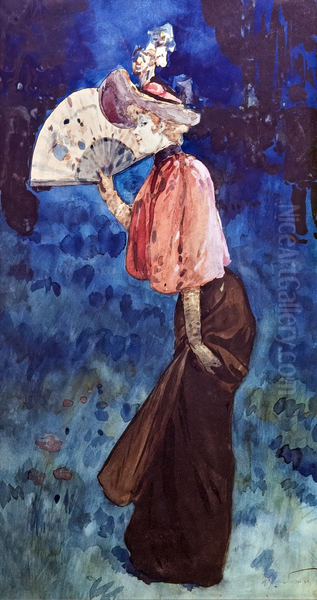 Woman with fan Oil Painting by Henry Somm