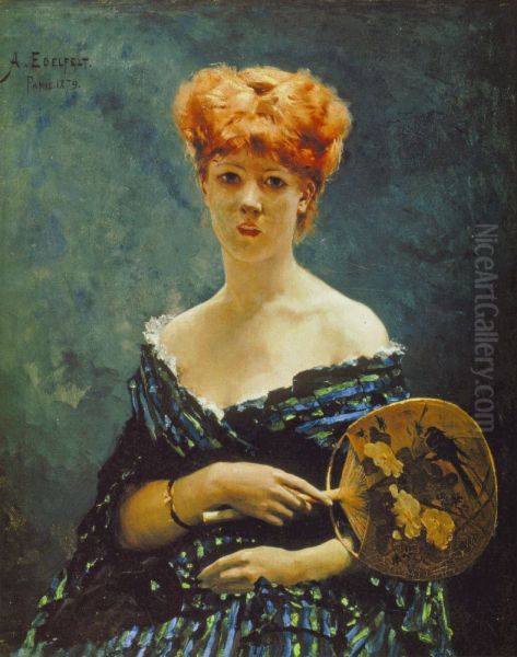 Punatukkainen malli ja japanilainen viuhka Oil Painting by Albert Edelfelt