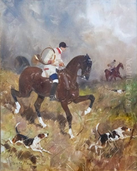 Hunting rider with hounds Oil Painting by Rene Pierre Charles Princeteau