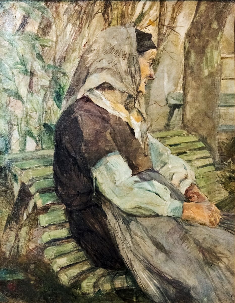 Old woman sitting on a bench in Celeyran Oil Painting by Henri De Toulouse-Lautrec