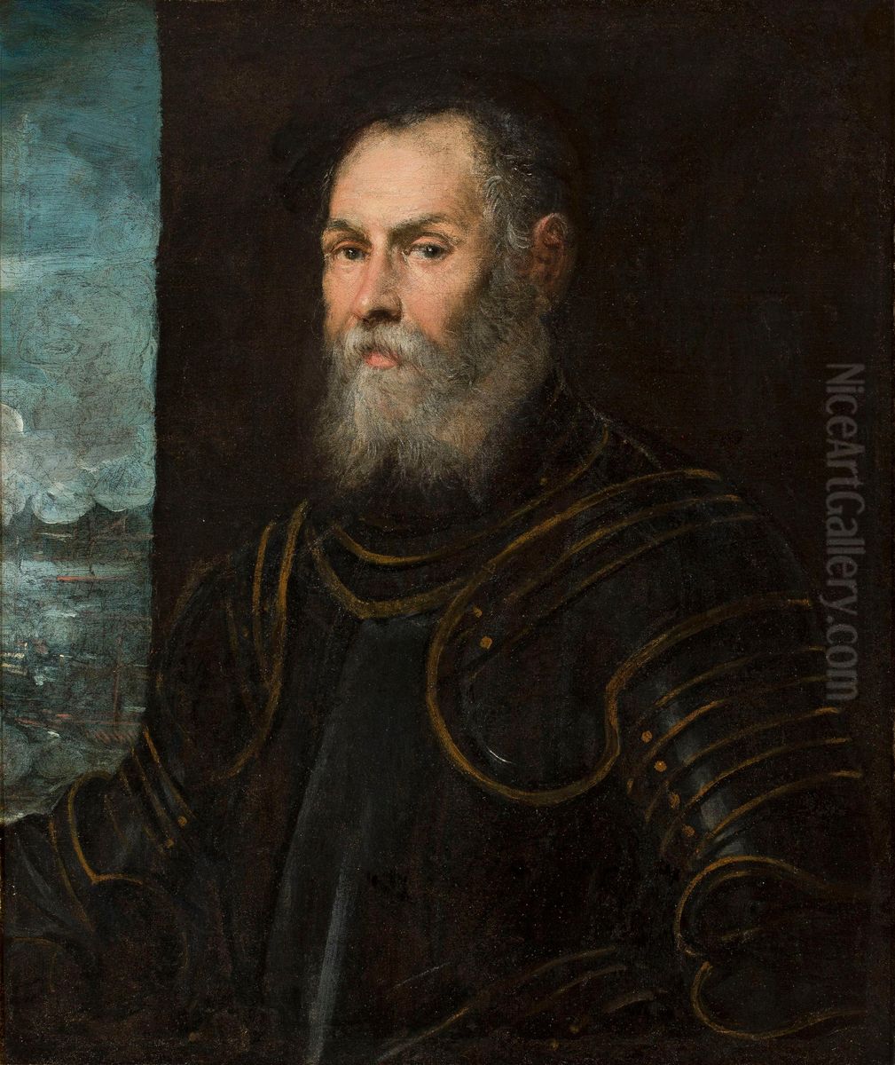 Portrait of Sigismund Augustus in armour with his maritime fleet. Oil Painting by Jacopo Tintoretto