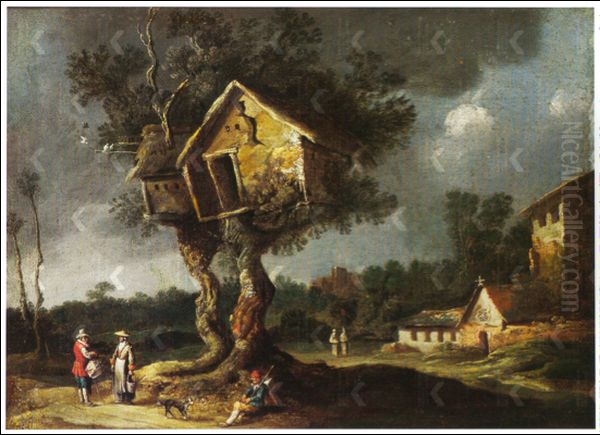 Landscape with Travelers underneath a Dovecote, Monastery on the Right Oil Painting by Charles Cornelisz. de Hooch