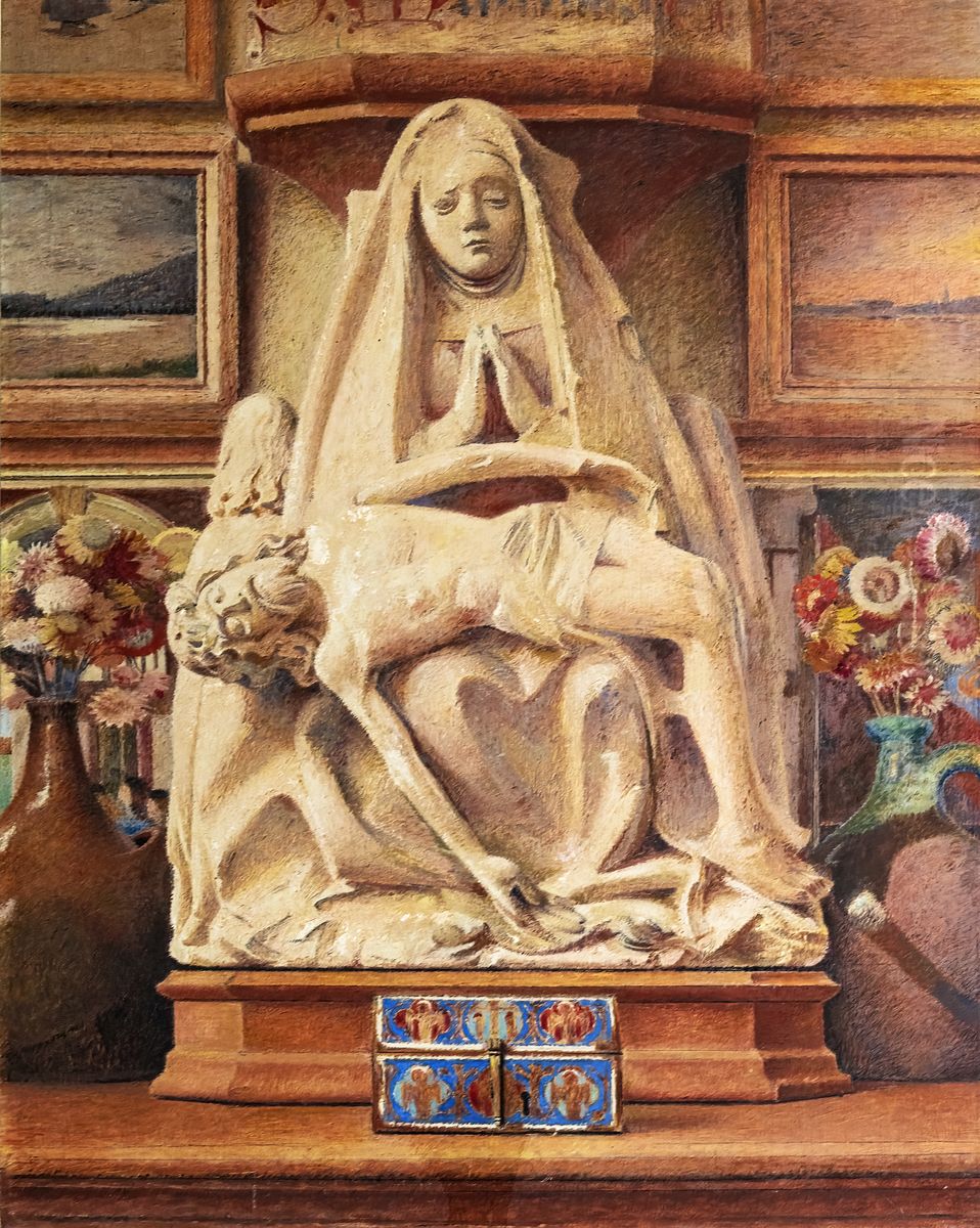 Composition with pieta and bouquets of immortelles Oil Painting by Henri Rachou