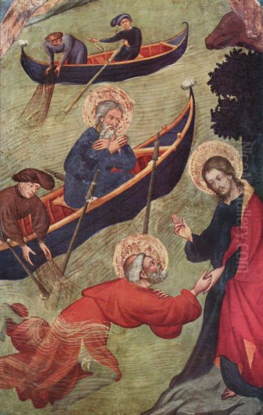 Petrusaltar: Jesus stutzt Petrus auf dem Wasser Oil Painting by Lluis Borrassa