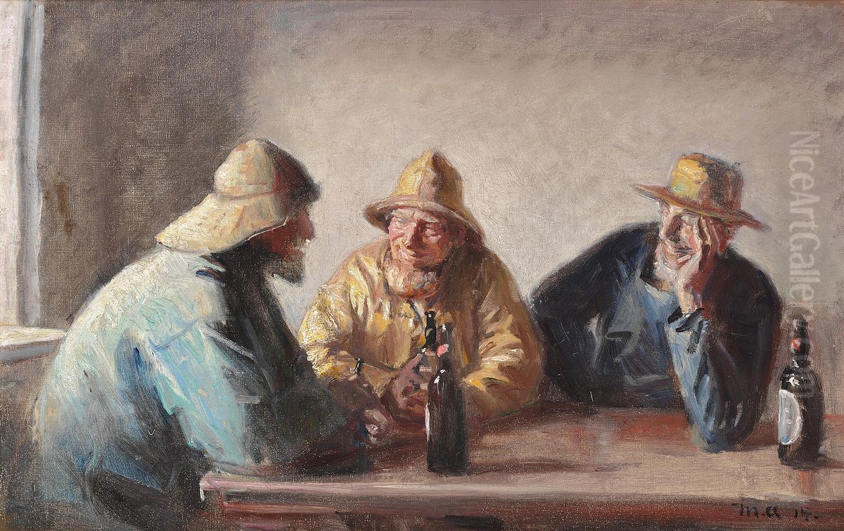 The fishermen Andreas Carlsen, Ole Malmer and Thomas Peter Larsen getting a beer after work. Oil Painting by Michael Peter Ancher