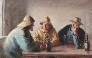 The fishermen Andreas Carlsen, Ole Malmer and Thomas Peter Larsen getting a beer after work.
