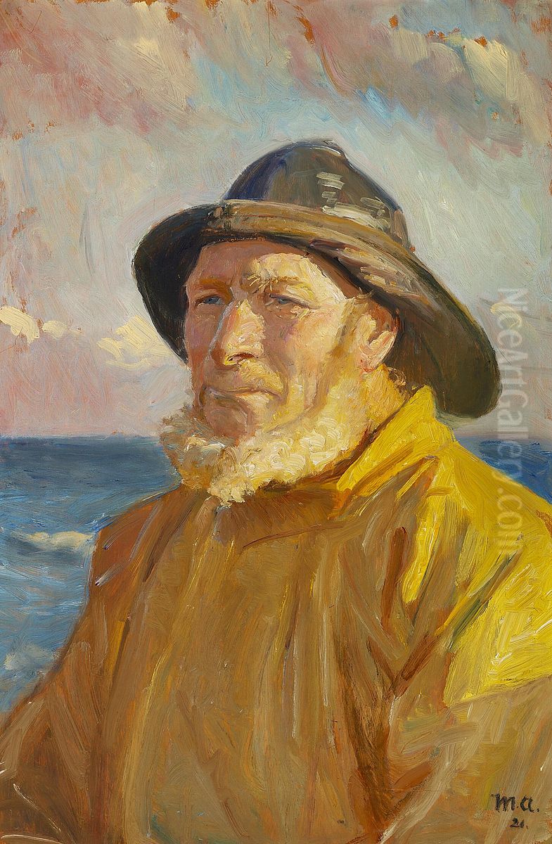Fisker i sydvest og regnjakke. Oil Painting by Michael Peter Ancher
