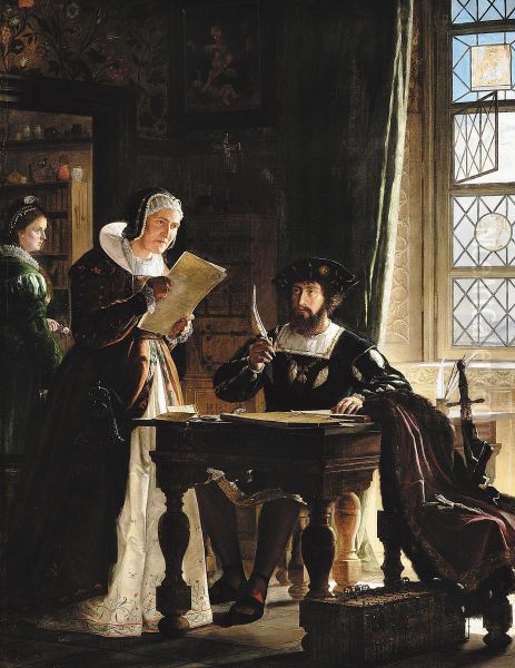 Sigbrit reviews the Customs records with King Christian II. Oil Painting by Carl Christian Andersen