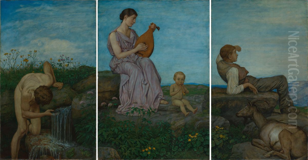 Triptychon: die Quelle Oil Painting by Hans Thoma