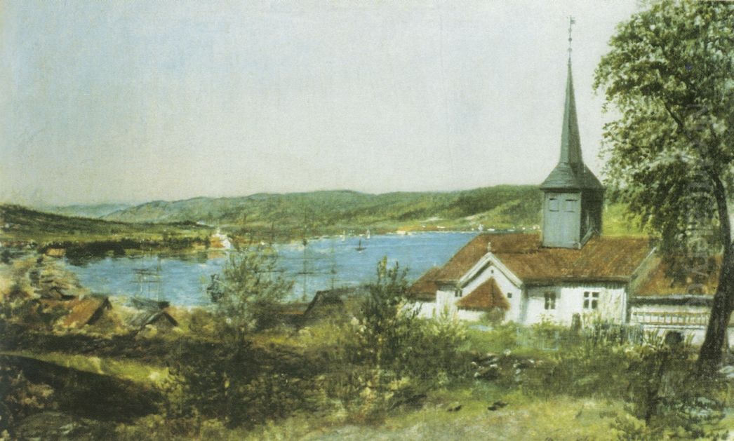 Stromso med Tangen kirke Oil Painting by Mathias Stoltenberg
