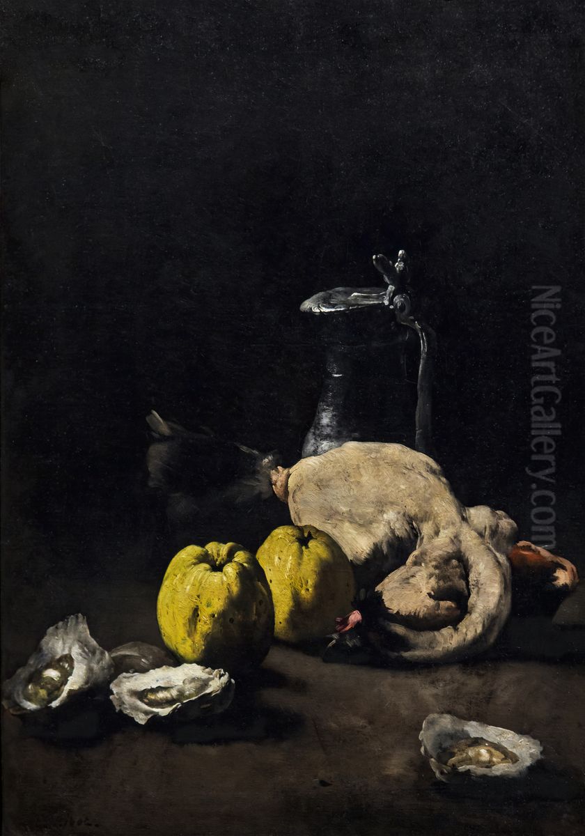 Still life with plucked poultry Oil Painting by Augustin Theodule Ribot