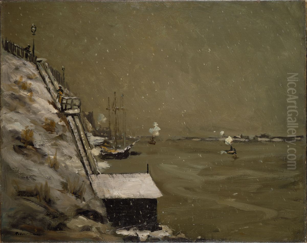 East River Embankment, Winter Oil Painting by Robert Henri
