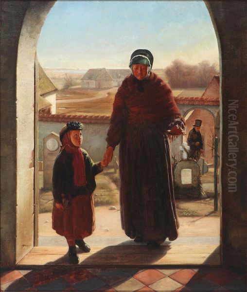 Moder og barn ved indgangen til kirken. Oil Painting by unknown