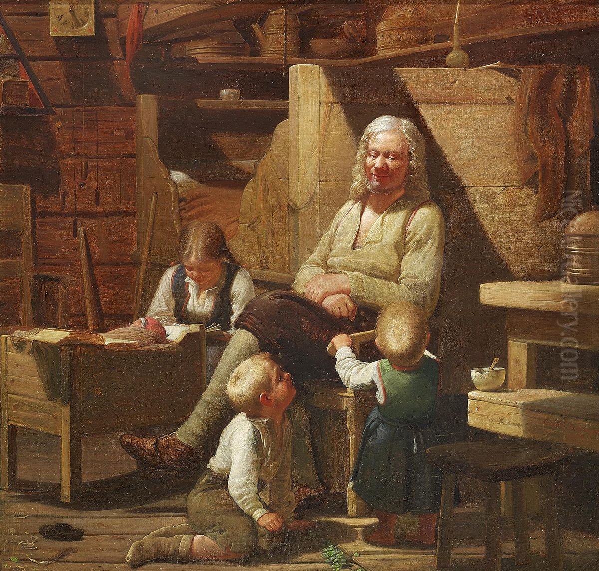 Scene i en norsk Bondestue. Motiv fra Modalen. Oil Painting by Carl F. Andersen