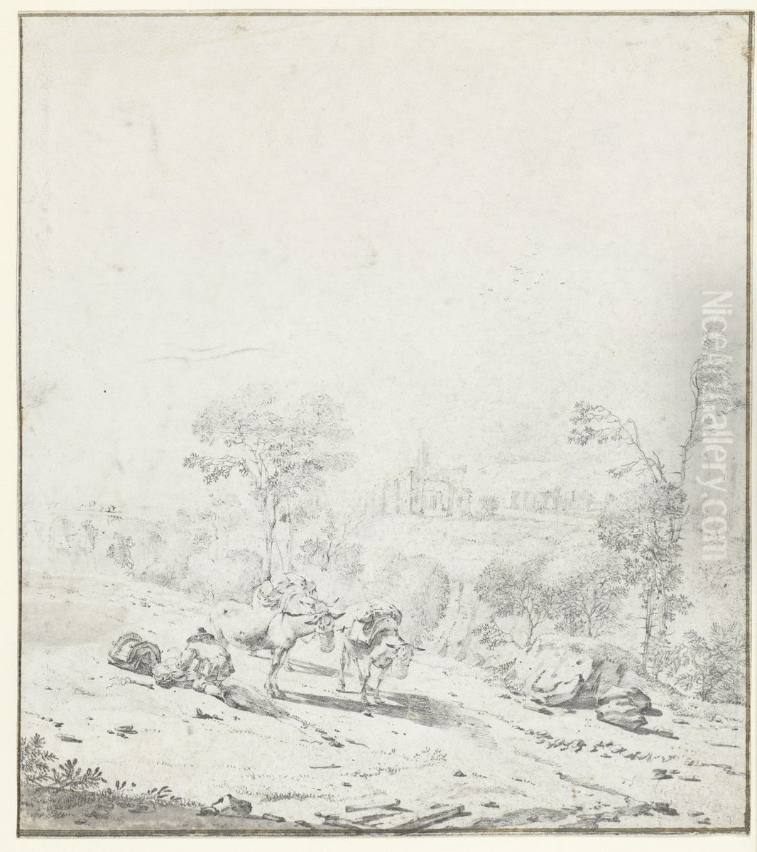 Italian Landscape with Resting Traveller with Donkeys Oil Painting by Karel Dujardin