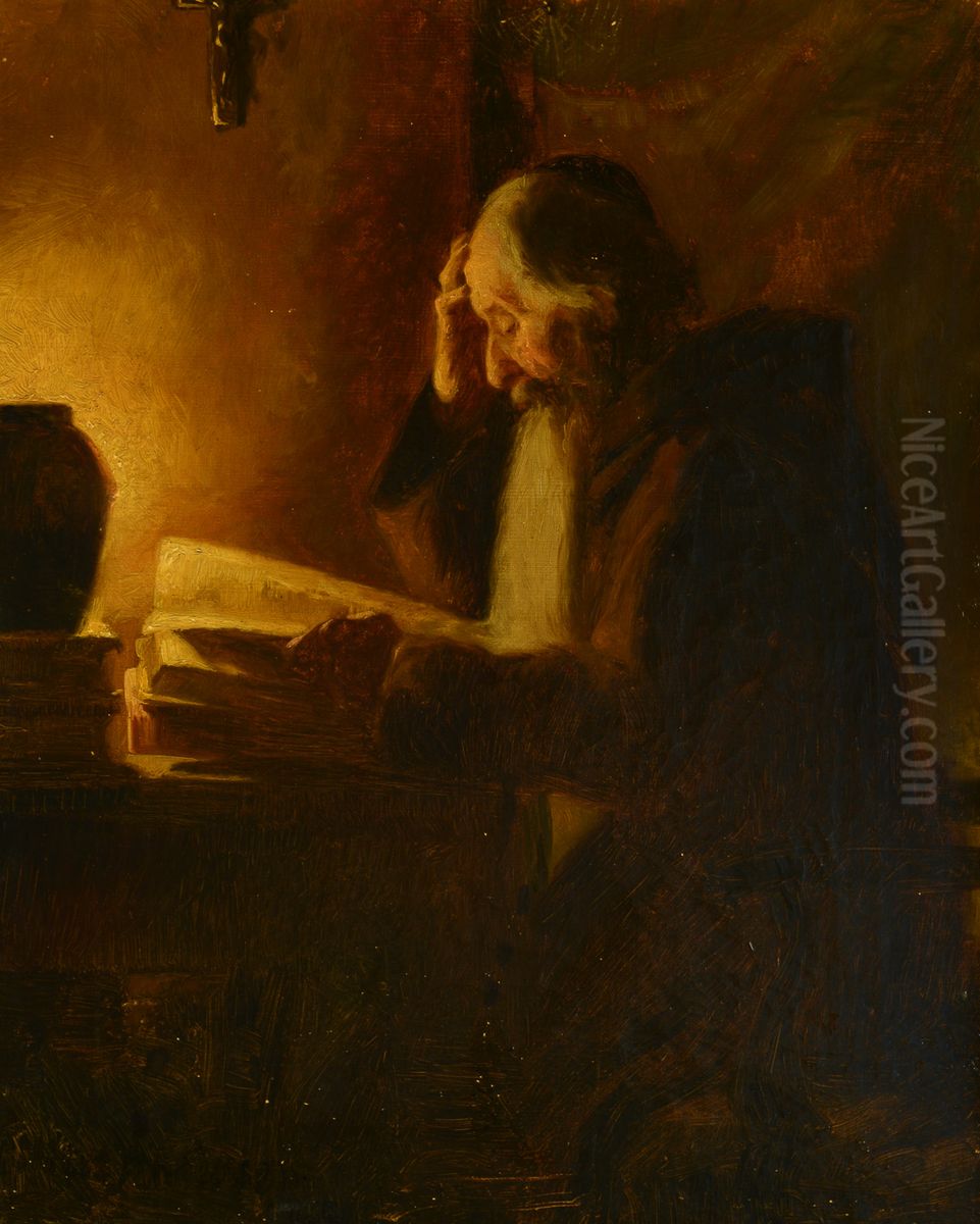 Italiensk munk fordybet i studier. Oil Painting by Cilius Andersen