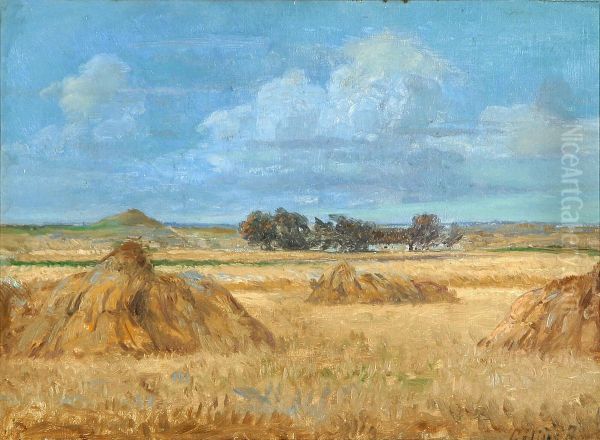 Landskab med hostakke pa marken. Oil Painting by Cilius Andersen