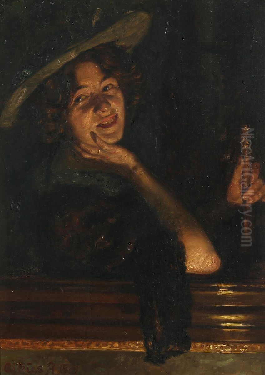 Portraet af smilende ung kvinde med hat og sjal. Oil Painting by Cilius Andersen Portraet af smilende ung kvinde med hat og sjal. Oil Painting by Cilius Andersen