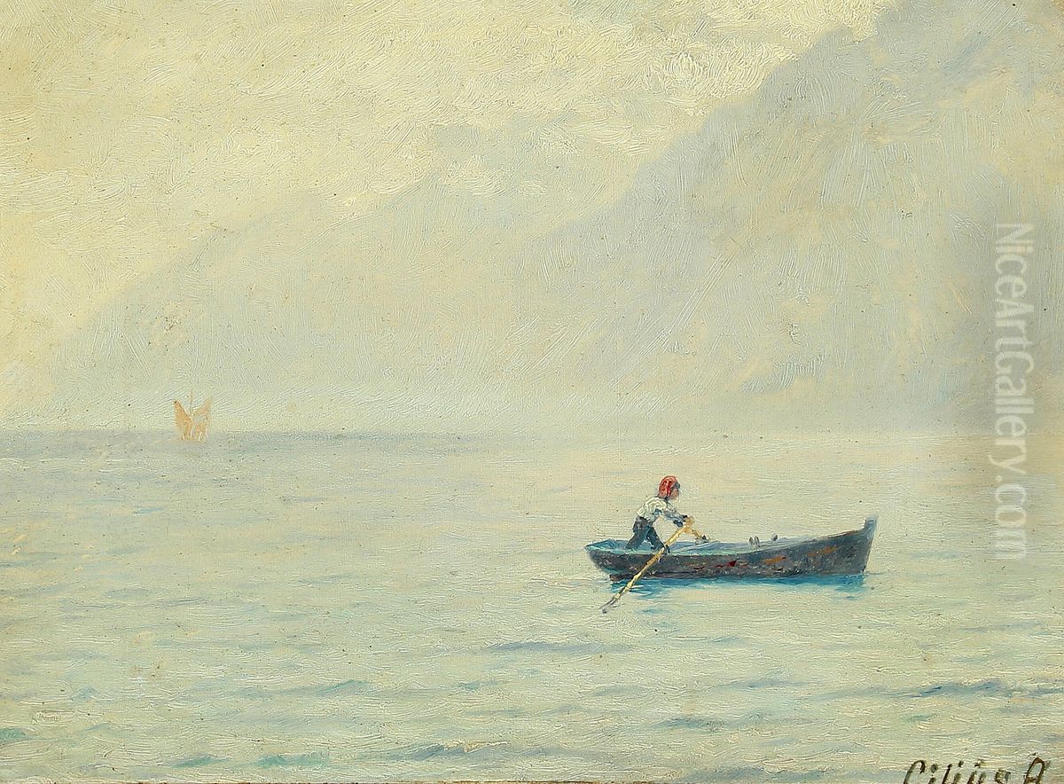 Robad pa en so med bjerge i baggrunden. Oil Painting by Cilius Andersen