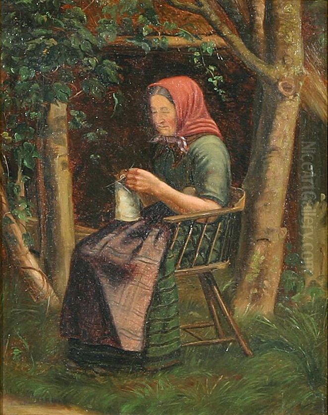 An old woman knitting. Oil Painting by Cilius Andersen