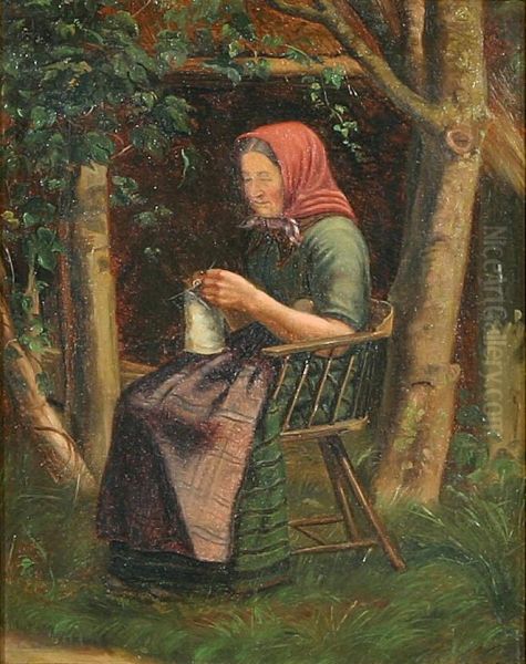 Siddende strikkende aeldre dame ved en hytte. Oil Painting by Cilius Andersen