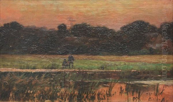 Two boys fishing in a river. Oil Painting by Cilius Andersen