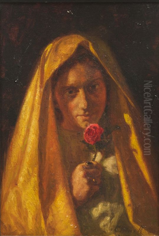 Ung pige med rose. Oil Painting by Cilius Andersen