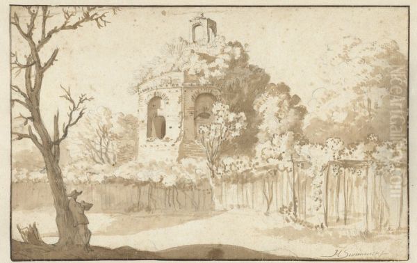 Landscape with ruin and a draughtsman Oil Painting by Herman Van Swanevelt