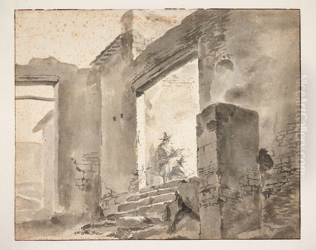 Twee tekenaars in een ruine Oil Painting by Jan Baptist Weenix