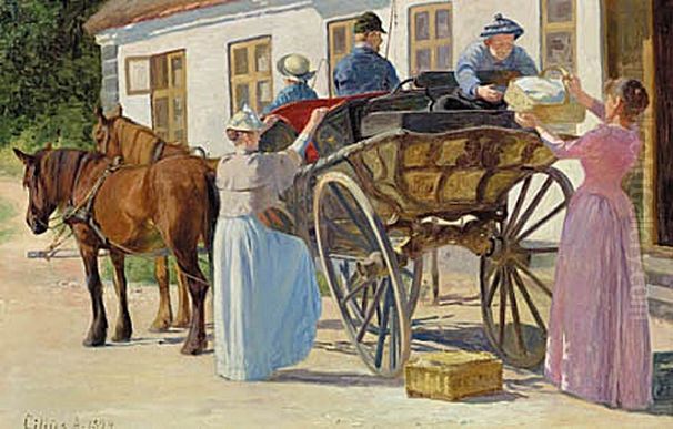 Hestevognen pakkes til sondagsudflugten. Oil Painting by Cilius Andersen