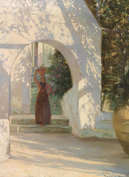 En italienerinde baerer en krukke pa hovedet i Anacapri. Oil Painting by Cilius Andersen