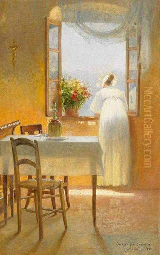 Kvinde i vindue ved Gargano. Oil Painting by Cilius Andersen
