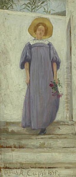 Kvinde med sommerhat og lilla kjole, staende pa en trappe. Oil Painting by Cilius Andersen