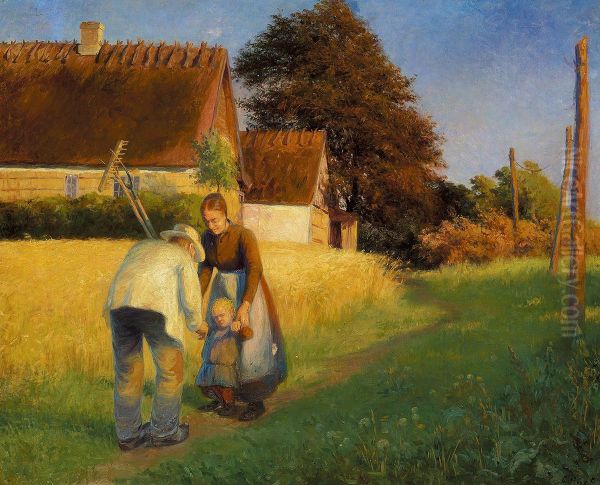 A girl greeting a returning harvest worker. Oil Painting by Cilius Andersen