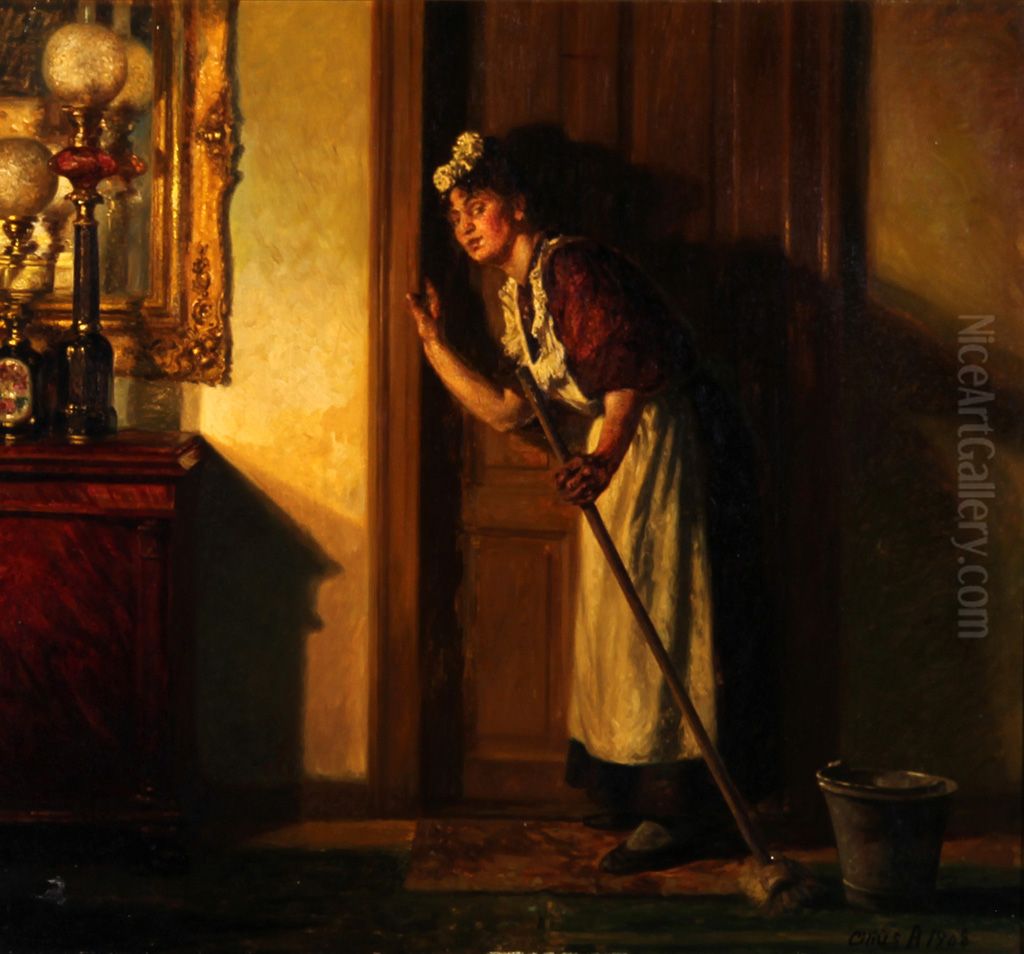 The maid is eavesdropping. Oil Painting by Cilius Andersen