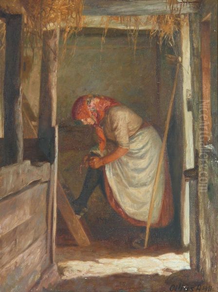Stable interior with a young woman. Oil Painting by Cilius Andersen