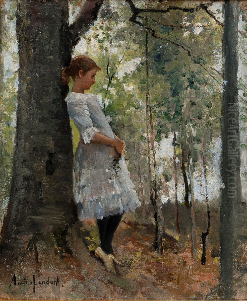 Tytto lehtimetsassa Oil Painting by Amelie Lundahl