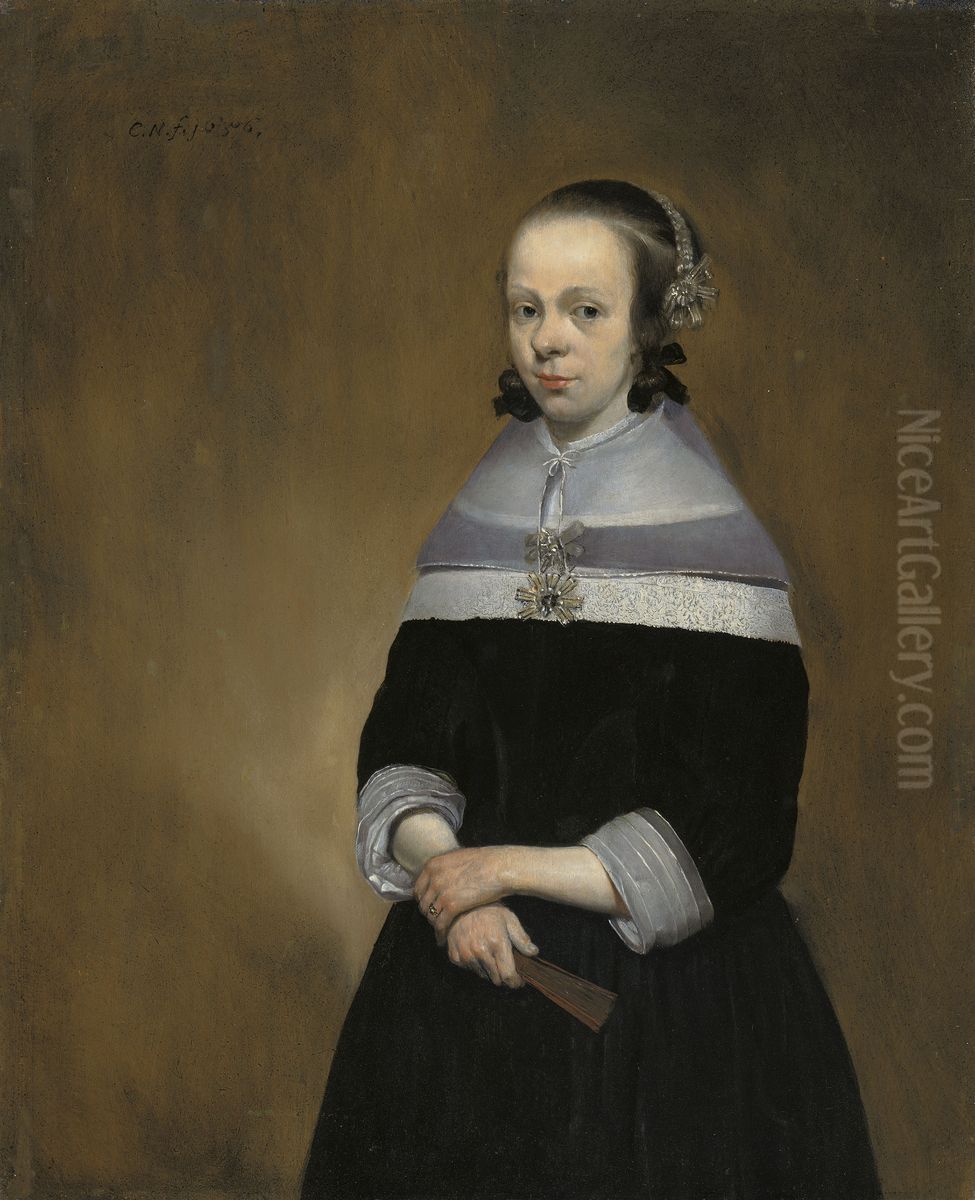 Portrait of a lady, three-quarter-length, in black, holding a fan Oil Painting by Caspar Netscher