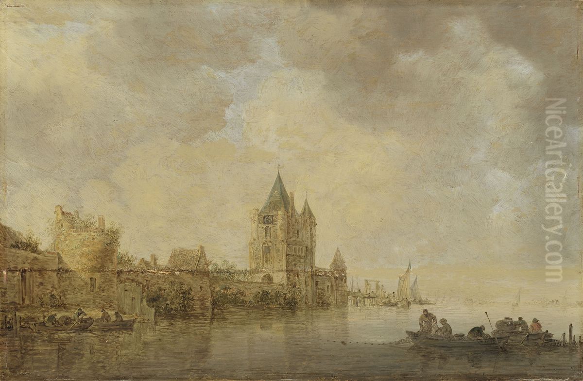 A river landscape with fishermen in a boat before a village jetty Oil Painting by Kunsthandel D. Katz