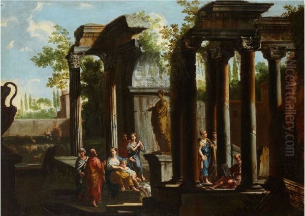 Figures near a statue in an architectural palace Oil Painting by Ascanio Luciano